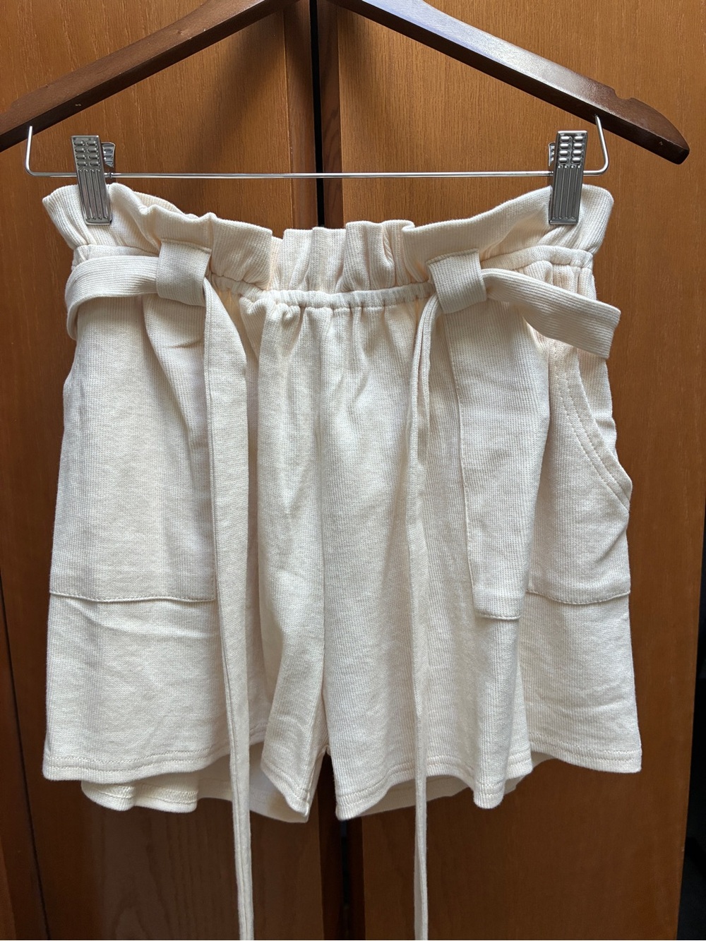 Cream Ribbed Paperbag Waist Tie Shorts